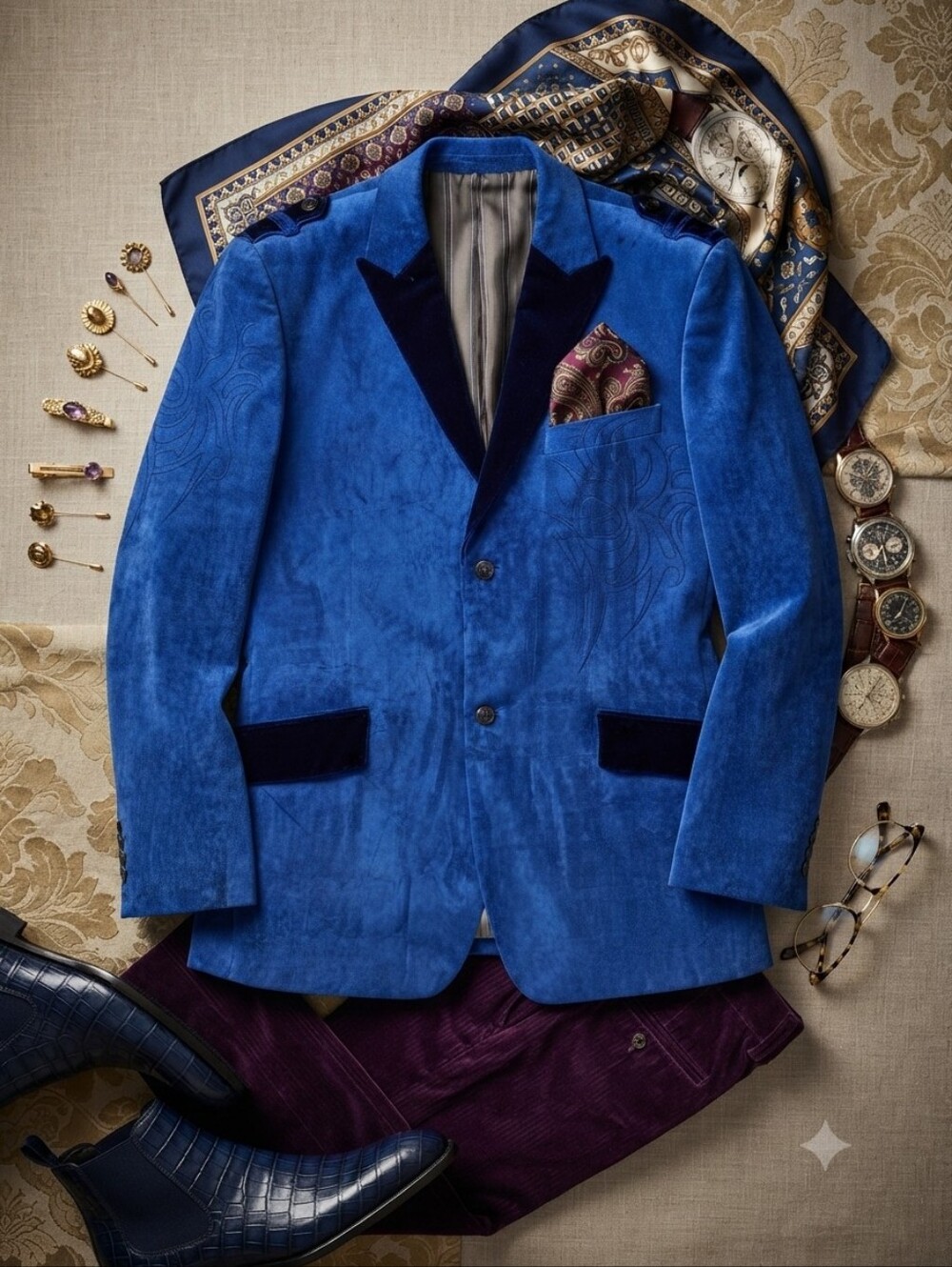Inserch Limited Edition Blue Velvet Velour Subtle Embroidery Detailed Blazer